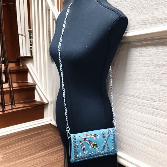 Turquoise Faux Leather Feather Arrow Convertible Wallet Clutch Crossbody - Picture 1 of 16